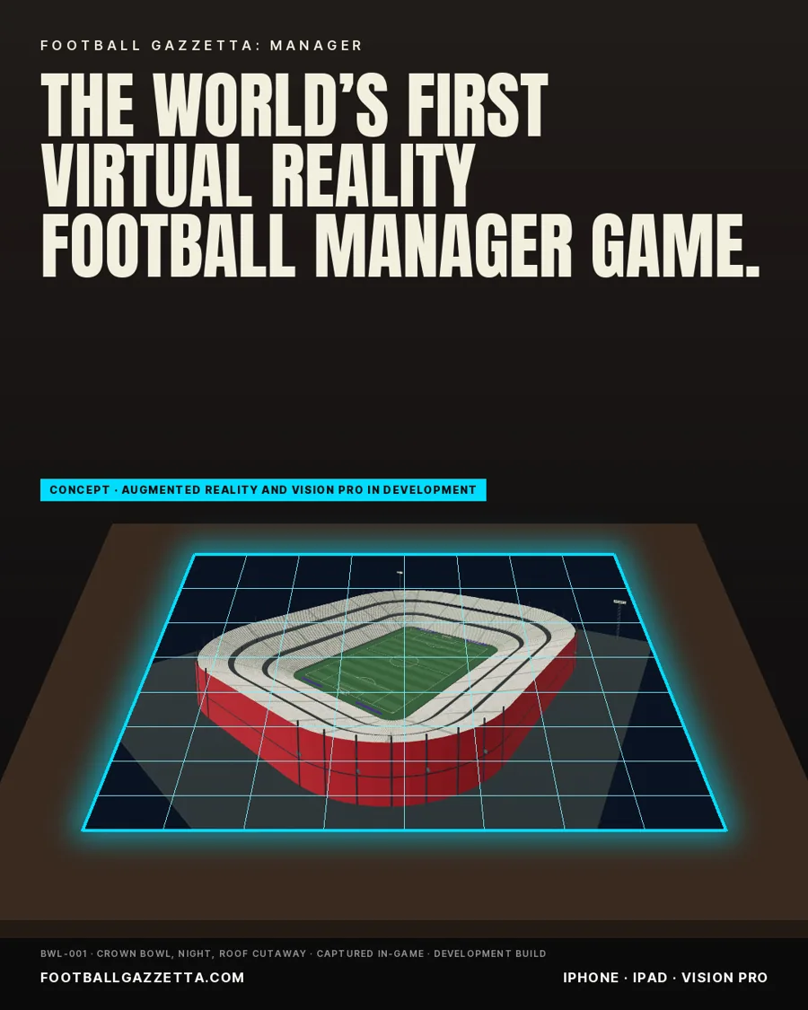 Campaign concept poster: a stadium on the table in augmented reality. The world's first virtual reality football manager game.