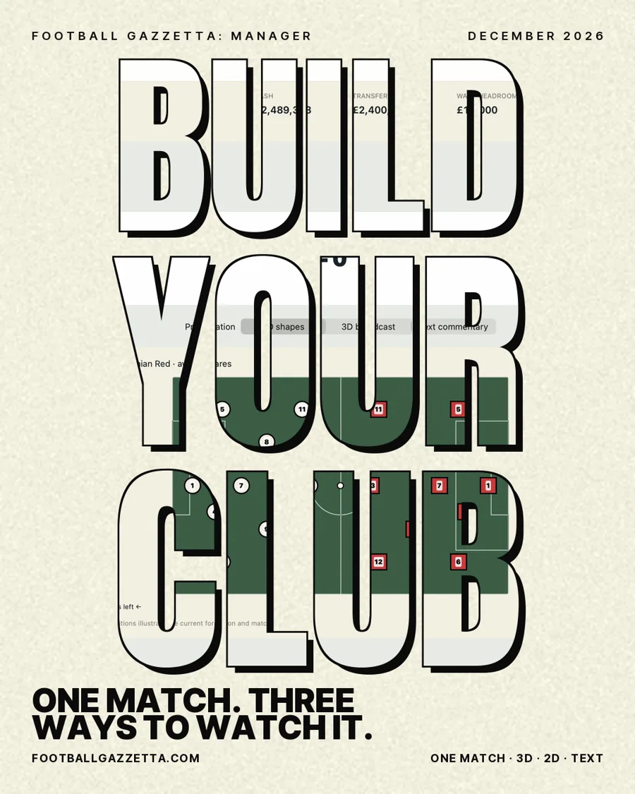 Campaign poster: the tactics board and the three match views behind the words Build your club