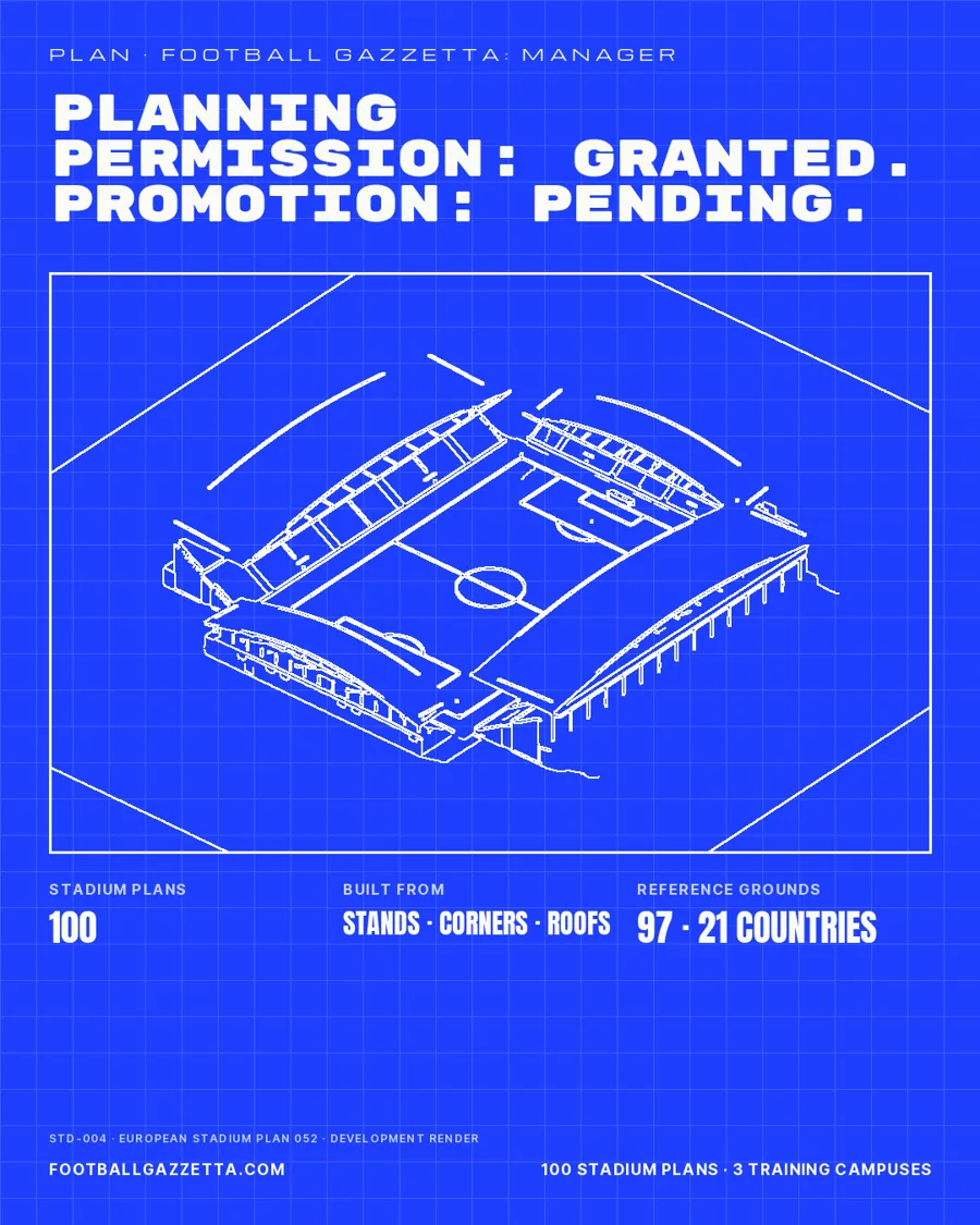 Campaign poster: a European stadium plan drawn as a white blueprint on cobalt
