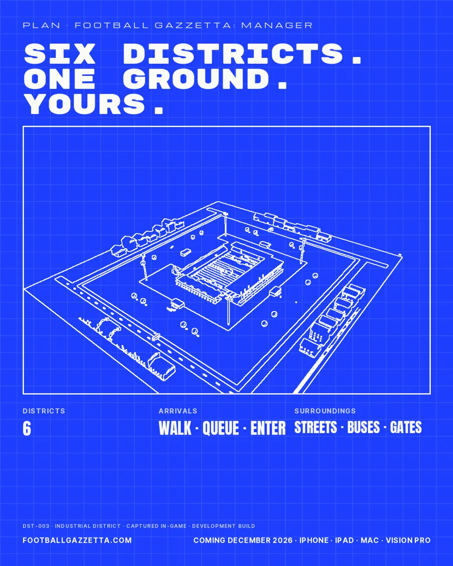 Campaign poster: a stadium district drawn as a blueprint. Six districts, one ground.