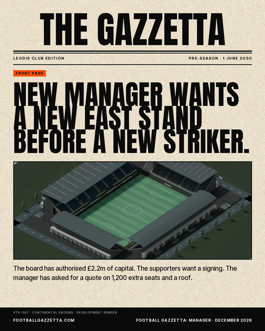 Campaign poster: Gazzetta front page. New manager wants a new East Stand before a new striker.