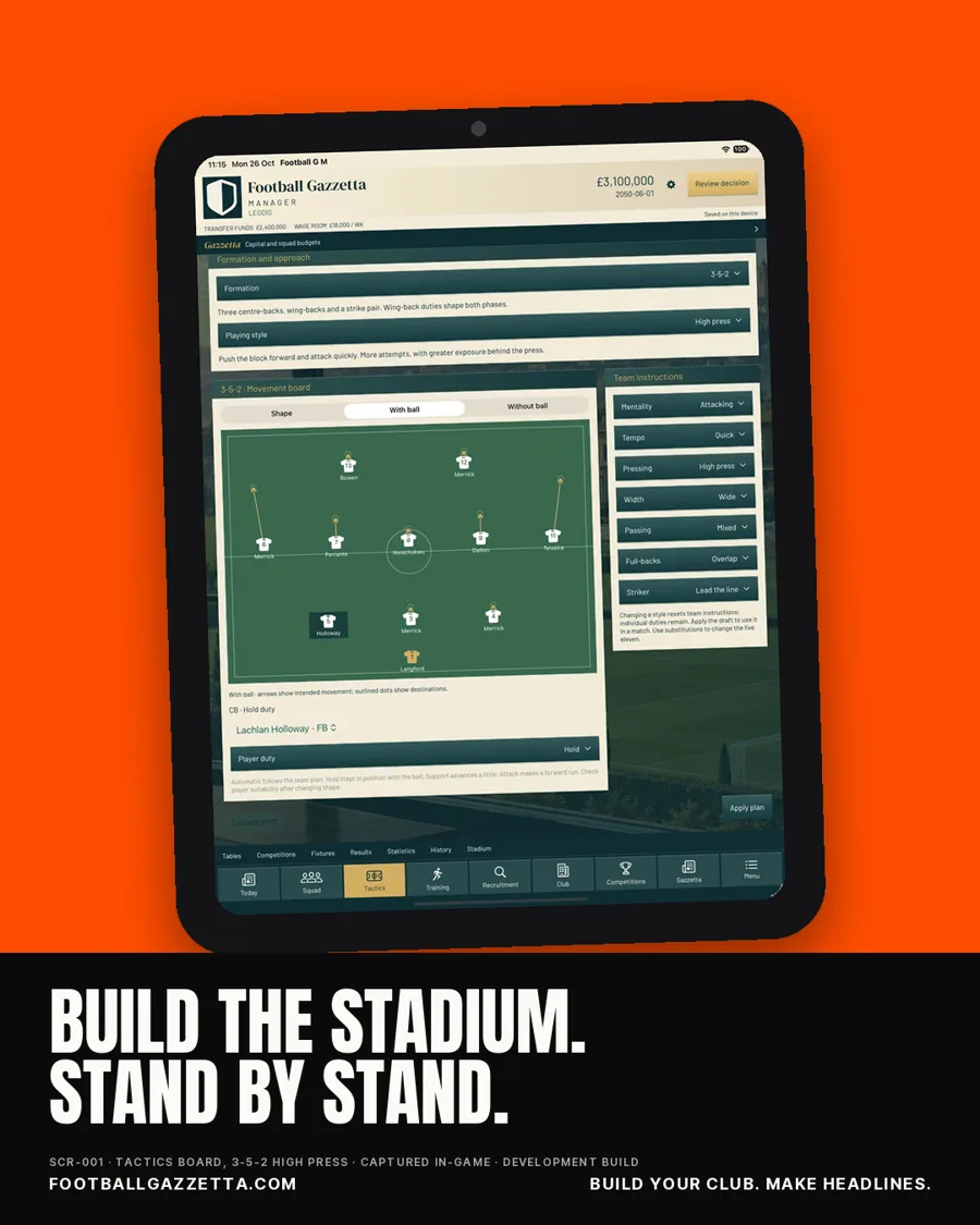 Campaign poster: the tactics board on an iPad, headline Match day, any day