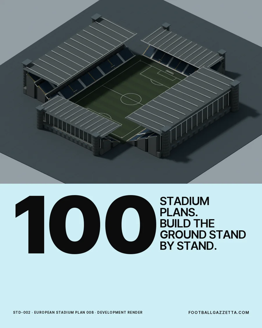 Campaign poster: a European stadium plan render with the number 100, stadium plans built stand by stand