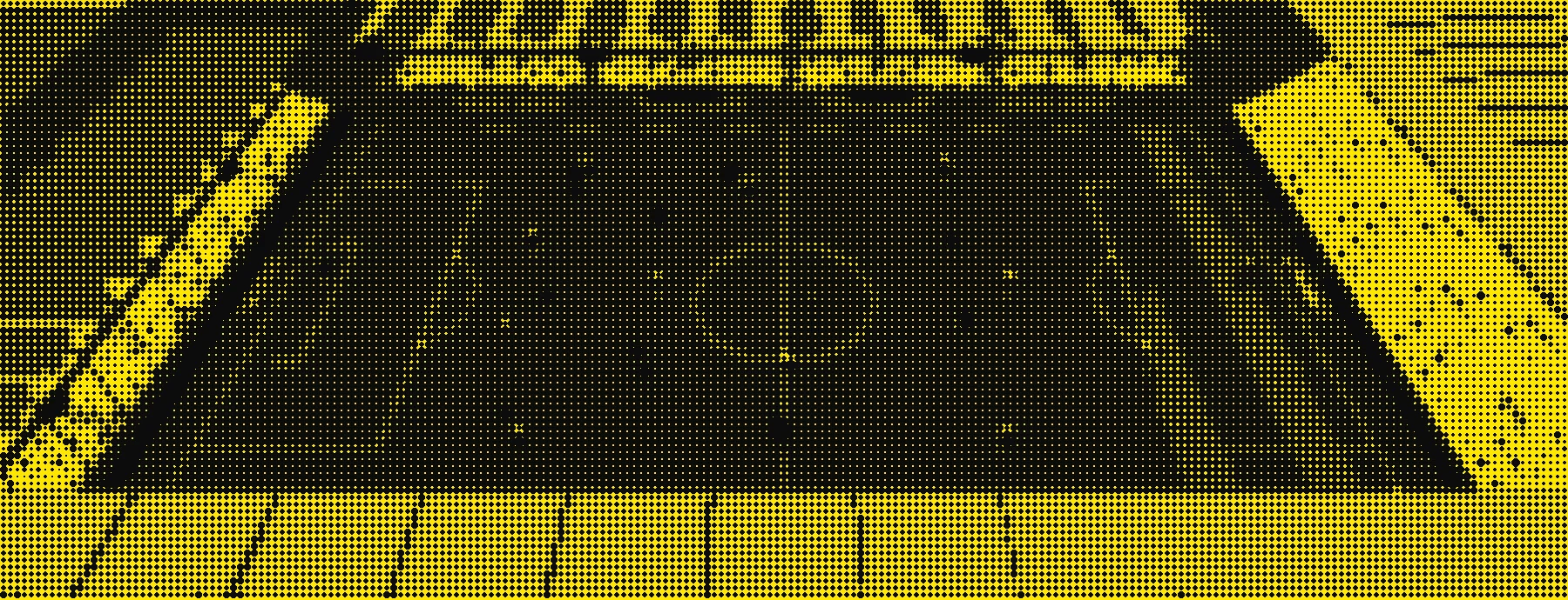 The FGM Engine match broadcast as an acid-yellow halftone screenprint: the pitch, the touchline and the stand behind it