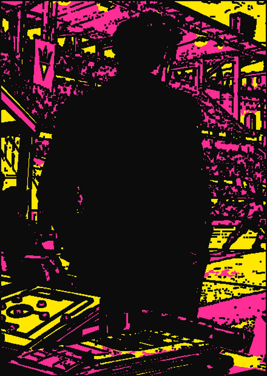 The manager in the dugout, screenprinted in acid yellow, pink and ink