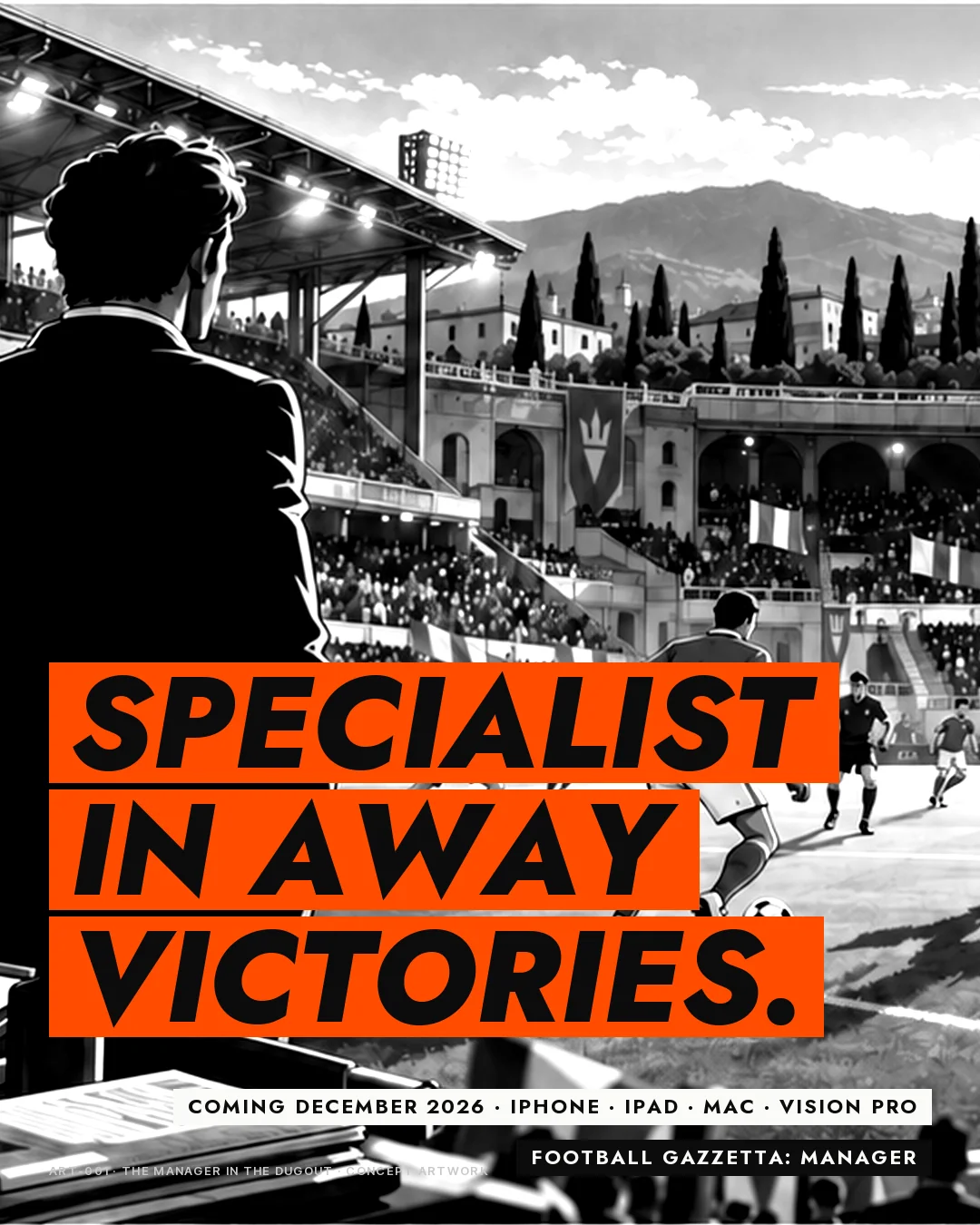 The manager in the dugout looking out at the pitch, black and white with orange bars reading Specialist in away victories