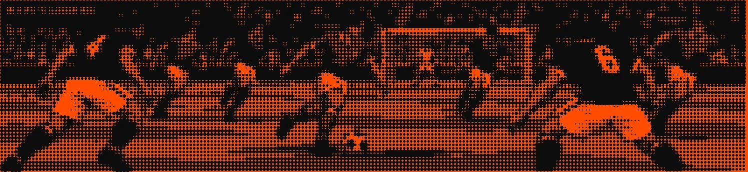 The match camera from the player art-direction board as an orange halftone screenprint