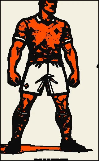 Defender standing square, screenprinted in orange on paper