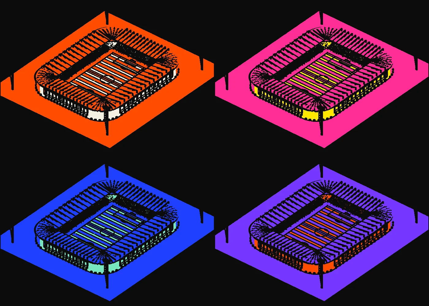 The stadium with closed corners screenprinted four ways in orange, pink, cobalt and violet