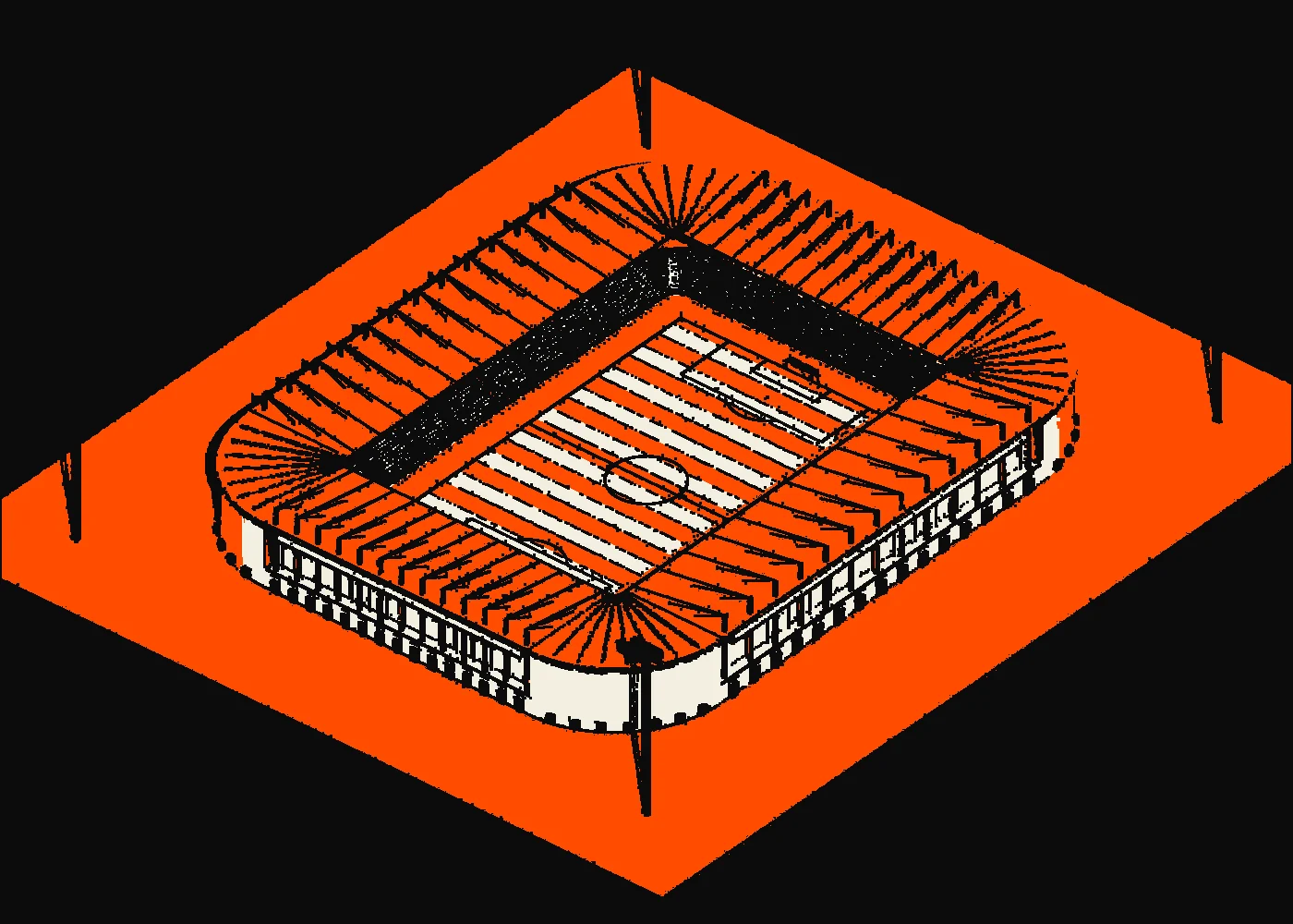 Screenprint of the stadium with closed corners in orange and black